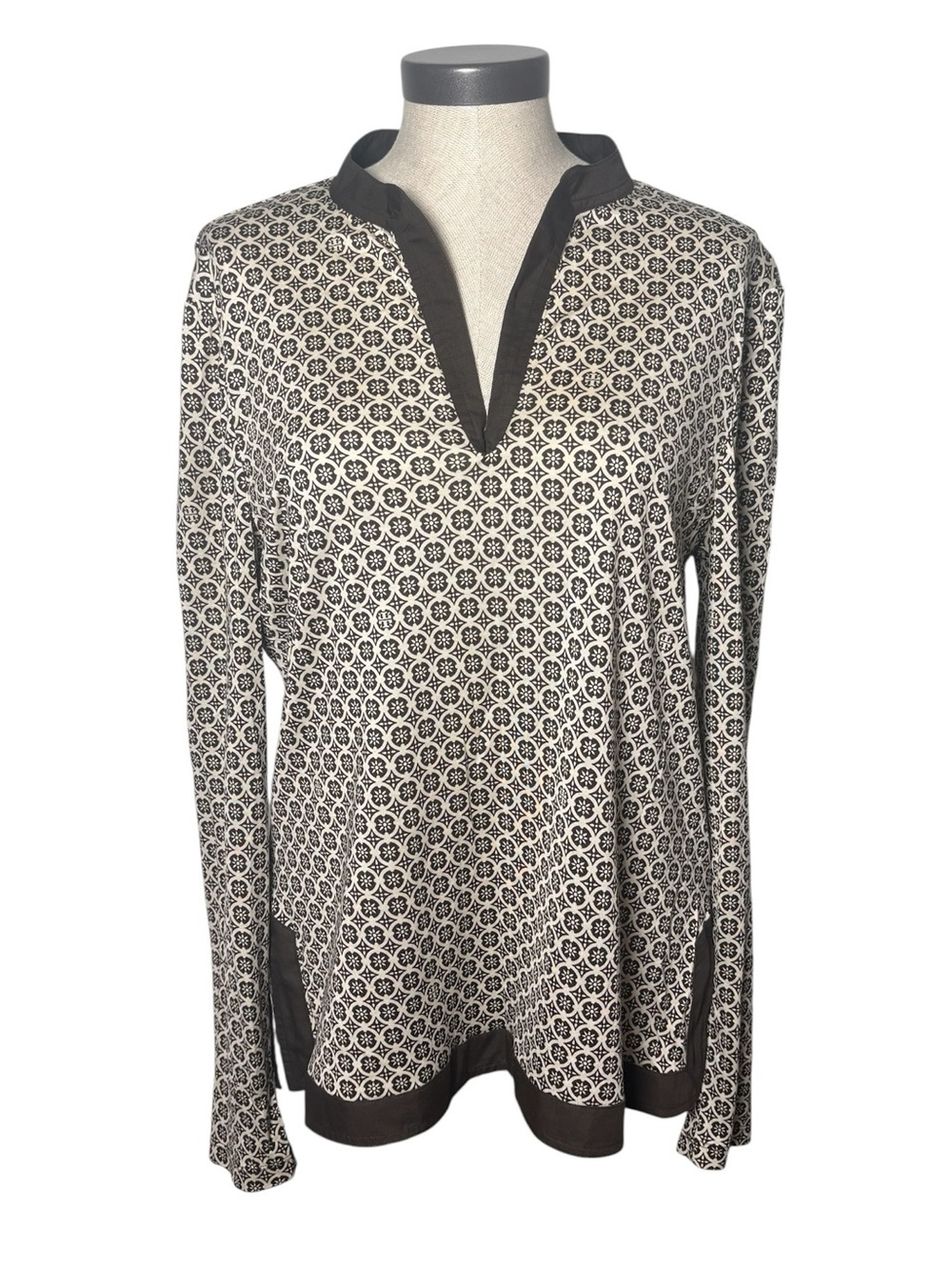 Tory Burch Velda Tunic XL 100% Silk Brown Geometric Preppy Workwear Top V-Neck
